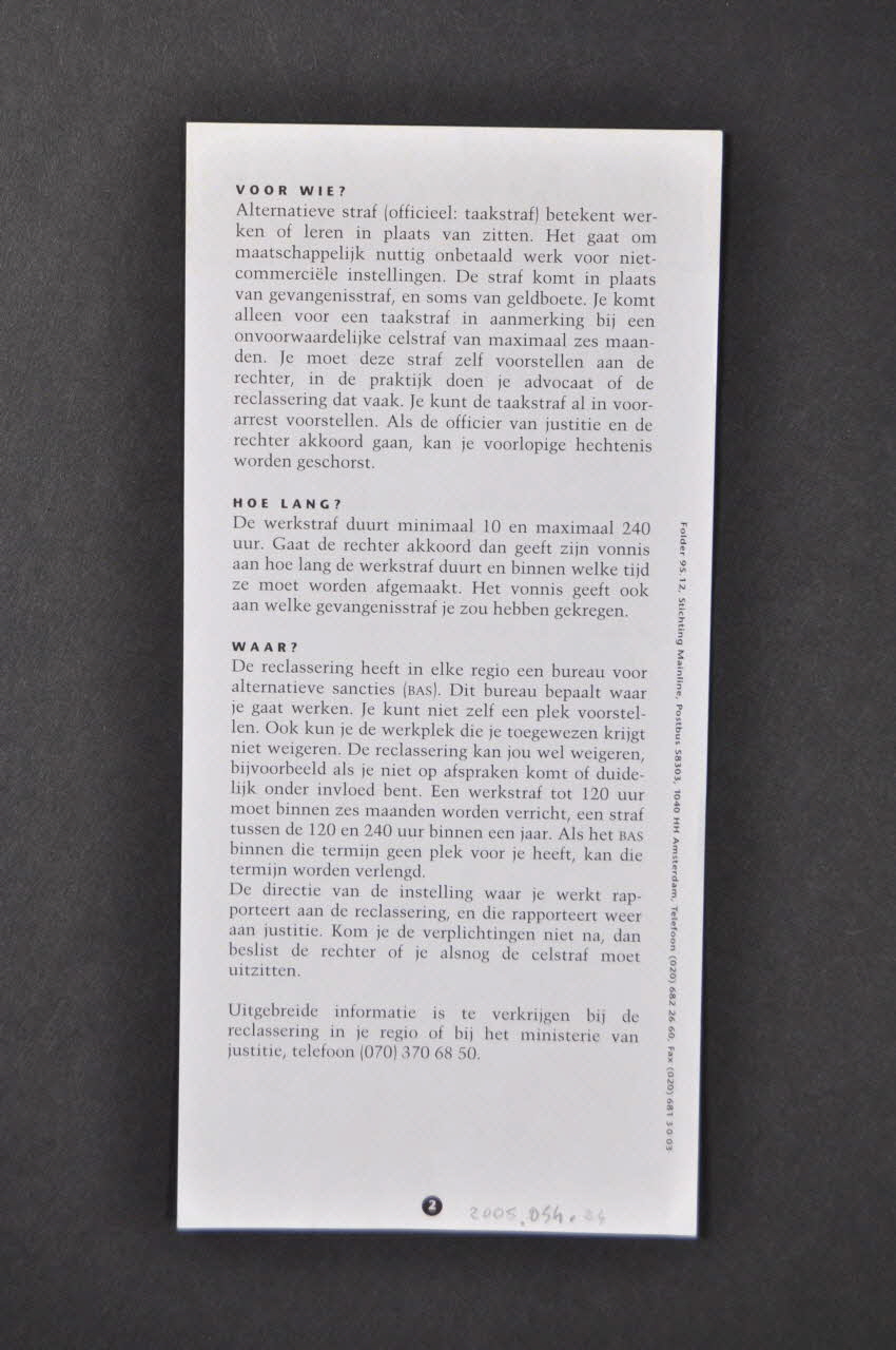 Stichting Mainline Feuille d'information Alternatieve straf Pays-Bas 1995 2005.54.24 Photo Mucem