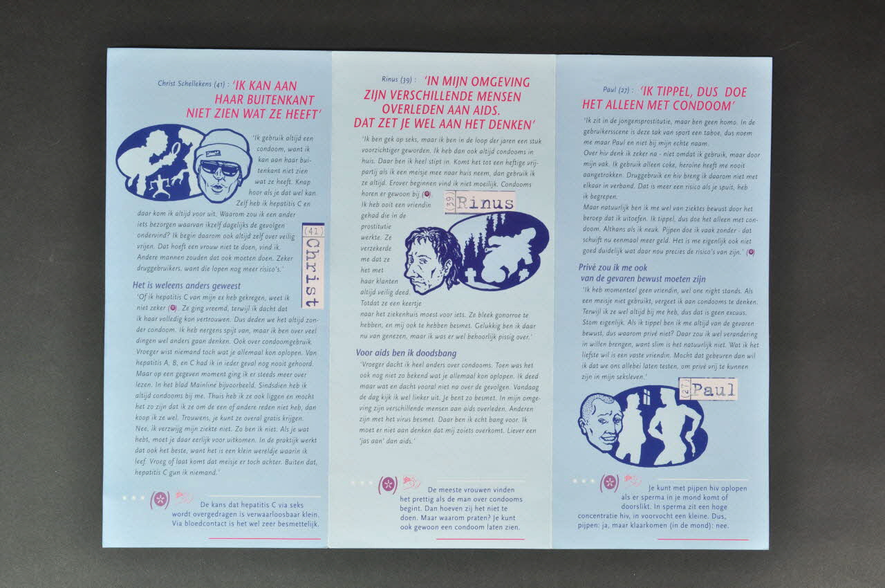 Stichting Mainline, Université De Maastricht Dépliant "Condooms cewoon boen ? / Ik kan aar buitenkant niet zien wat ze heeft" (traduire) Pays-Bas 2001 2005.54.40 Photo Mucem