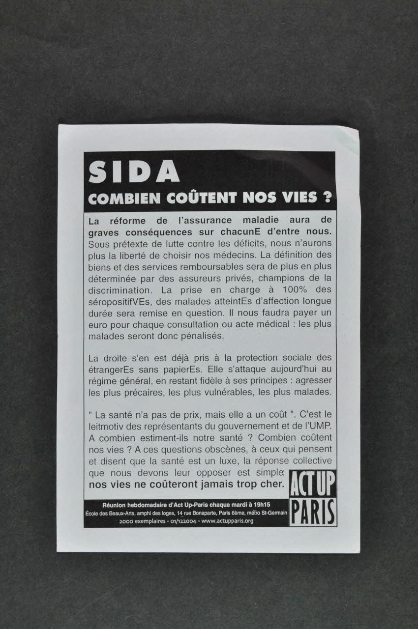 Act Up-Paris tract "Sida. Combien coûtent nos vies?" France 2004 2005.56.2 Photo Mucem