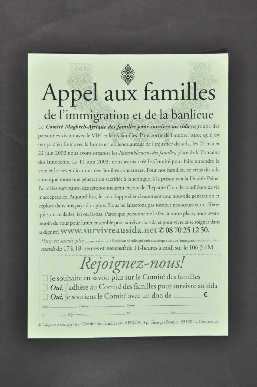 Comité Maghreb-Afrique Des Fammilles Pour Survivre tract "Appel aux familles de l'immigration et de la banlieue" France 2004 2005.56.5 Photo Mucem