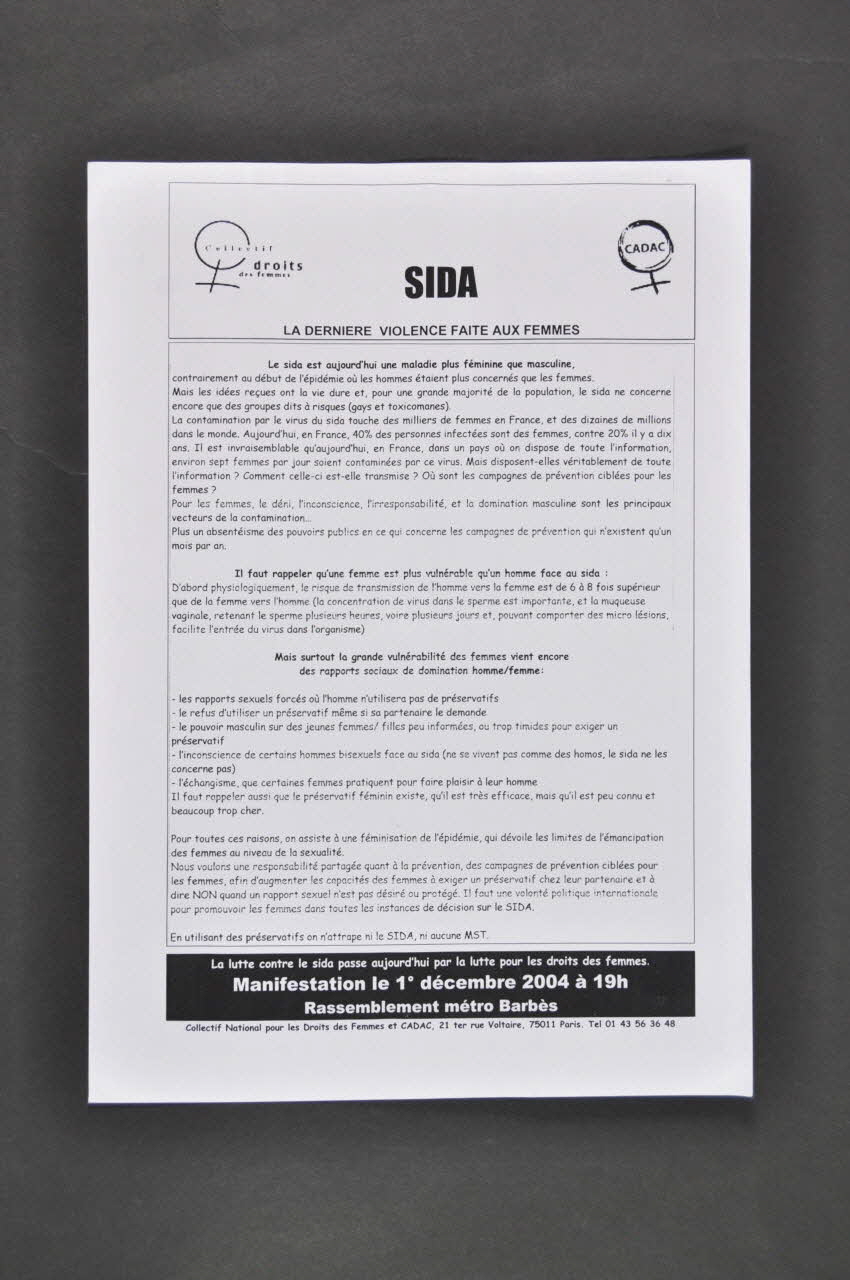 Collectif Pour Les Droits Des Femmes Et Cadac tract "Sida. La dernière violence faite aux femmes" France 2004 2005.56.6 Photo Mucem