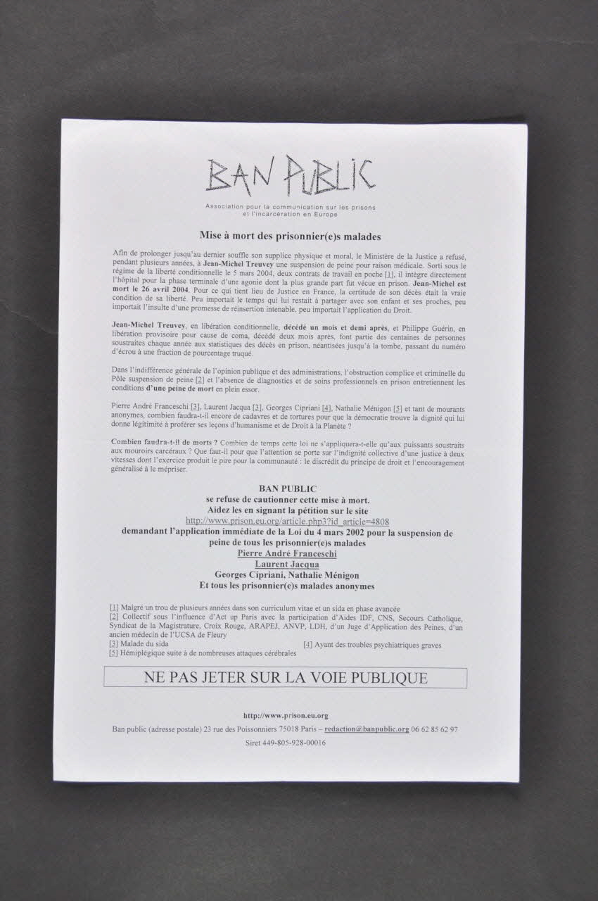 Ban Public (Association Pour La Communication Sur tract "Mise à mort des prisonnier(e)s malades" France 2004 2005.56.7 Photo Mucem