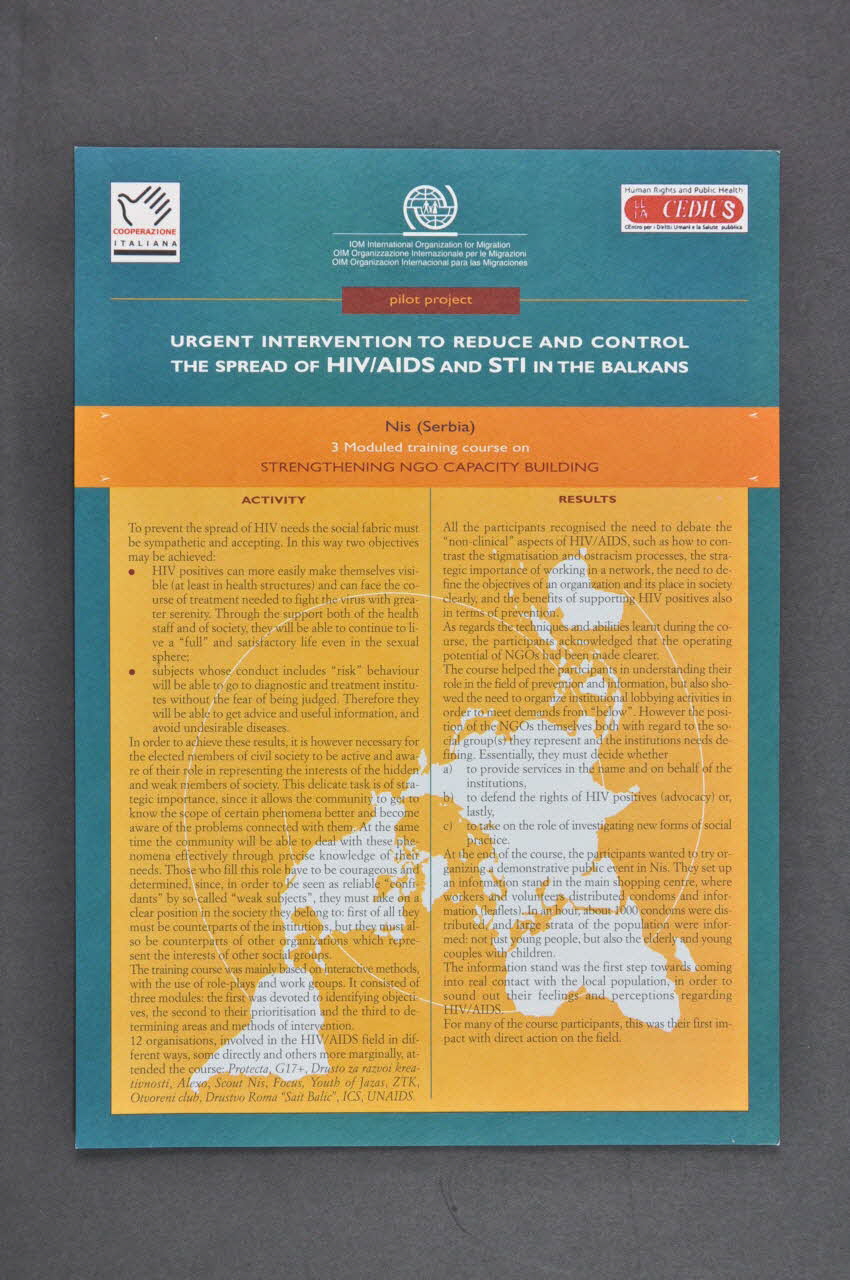 International Organization For Migration Fiche d'information "Pilot project. Urgent Intervention to reduce ans control the spread of HIV/AIDS and STI in the Balkans. Nis (Serbia) Strengthening NGO Capacity building" (en anglais et en italien) (Projet pilote. Intervention urgente pour réduire et contrôler l'extension du VIH/Sida et des IST dans les Balkans.   (Serbie) Renforcer les capacités des ONG) Italie 2002 2005.62.10 Photo Mucem