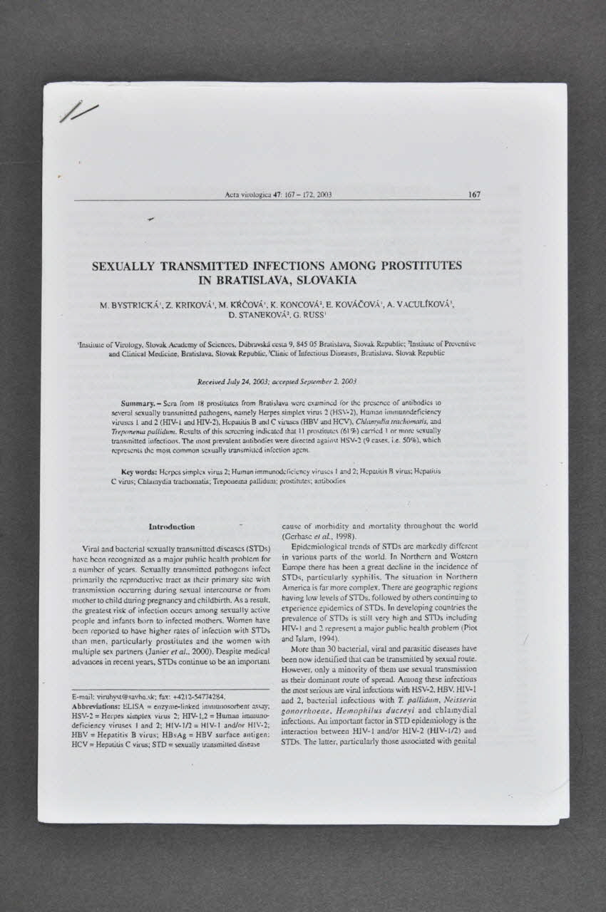 Institute Of Preventive And Clinical Medecine, Tiré à part "Sexually transmitted infections among prostitutes in Bratislava, Slovakia" (Infections sexuellement transmissibles chez les prostituées à Bratislava, Slovaquie) Slovaquie 2003 2005.63.2 Photo Mucem