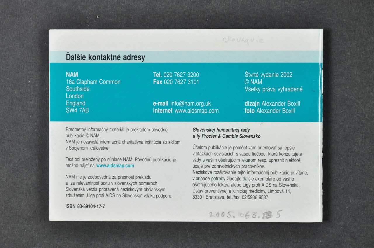 Nam, Grande Bretagne BROCHURE Lieciva proti HIV Slovaquie 2002 2005.63.5 Photo Mucem