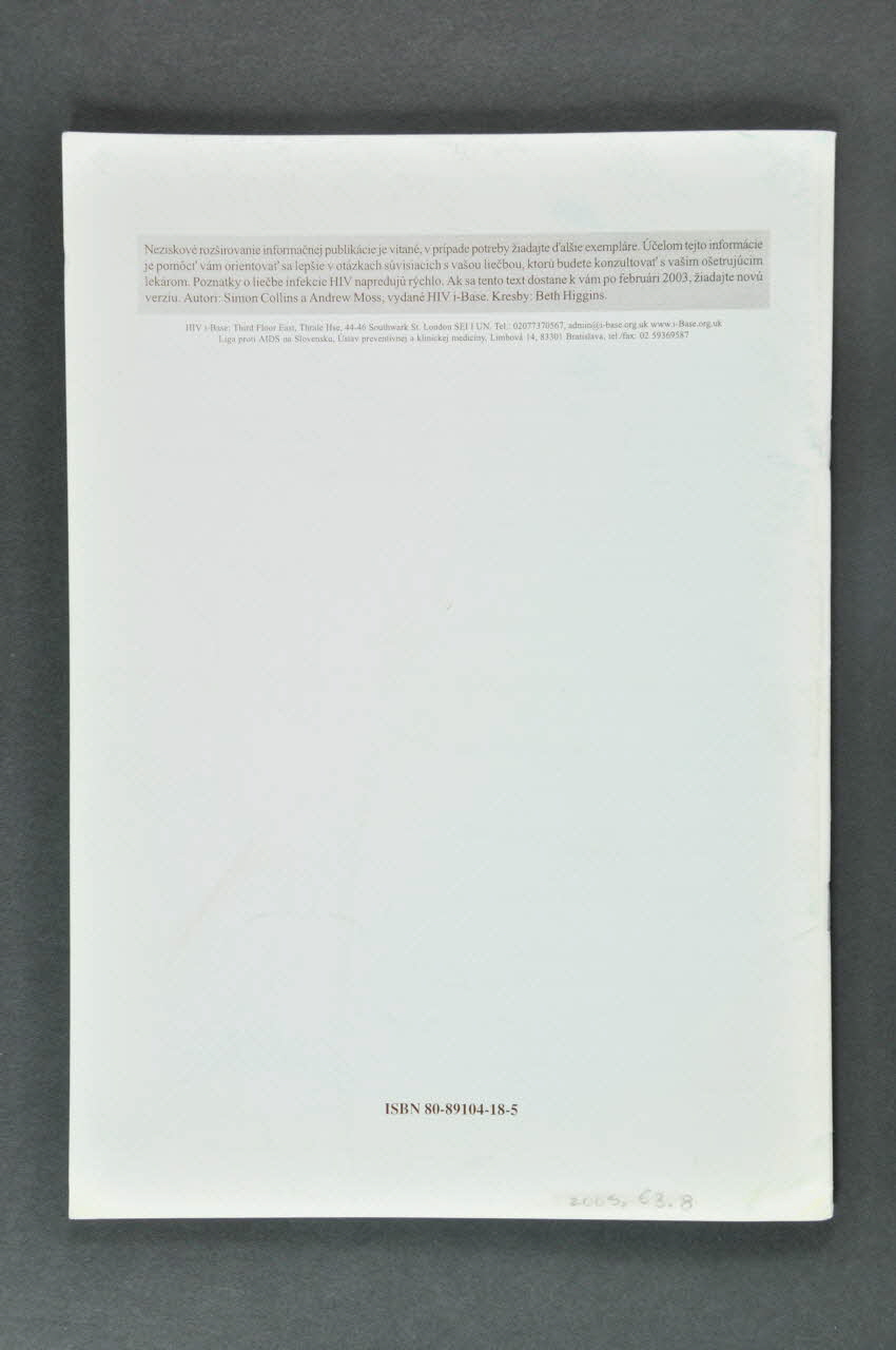 European Aids Treatment Group, Continous Patient BROCHURE "Vedlajsie ucinky anti-HIV liekov" Slovaquie 2002/8 2005.63.8 Photo Mucem