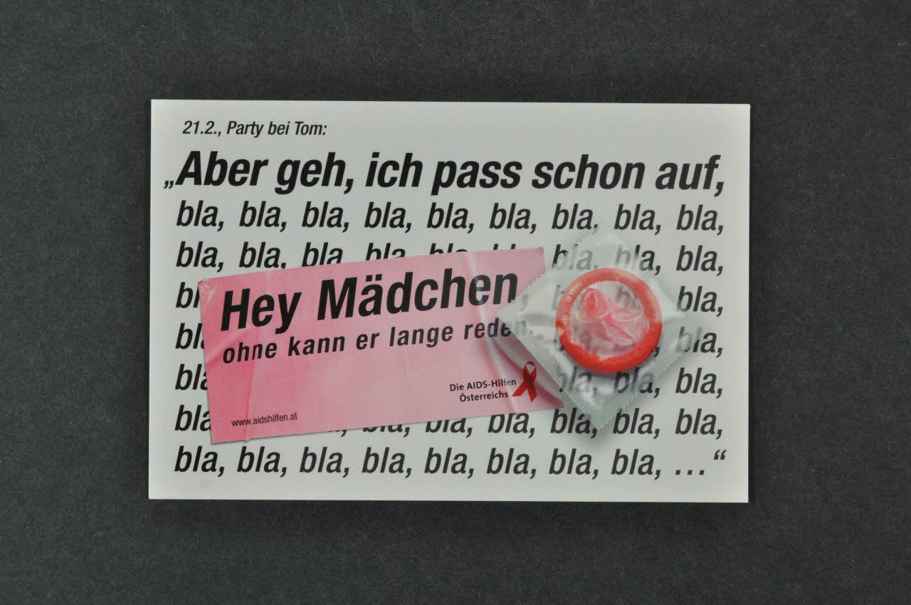 Aids-Hilfe Autriche carte postale "Bla, bla, bla... Hey Mädchen ohne kann er lange reden" (Salut les filles // sans, il peut parler longtemps.) Autriche 2005 2005.64.27 Photo Mucem
