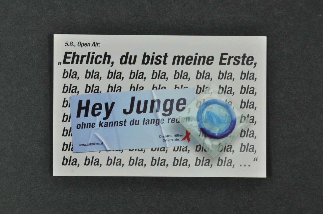 Aids-Hilfe Autriche carte postale "Bla, bla, bla... Hey Junge,  ohne kannst du lange reden" (Eh, garçon, sans, tu peut parler longtemps...) Autriche 2005 2005.64.28 Photo Mucem