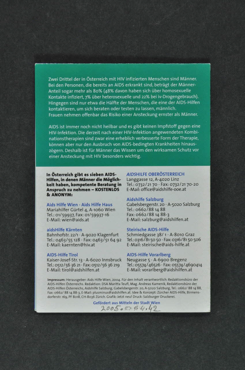 Aids-Hilfe Autriche Dépliant "Männer, HIV, AIDS... Fragen ? Antworten !" (Hommes VIH Sida Questions Réponses) Autriche 2004 2005.64.42 Photo Mucem