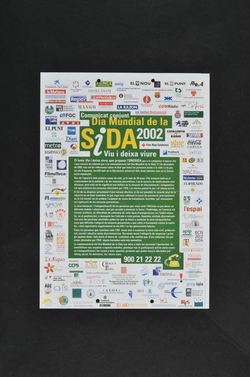 Comité 1er Décembre affichette "Comunicat conjunt Dia Mundial de la SIDA 2002" Espagne 2002 2003.93.45 Photo Mucem