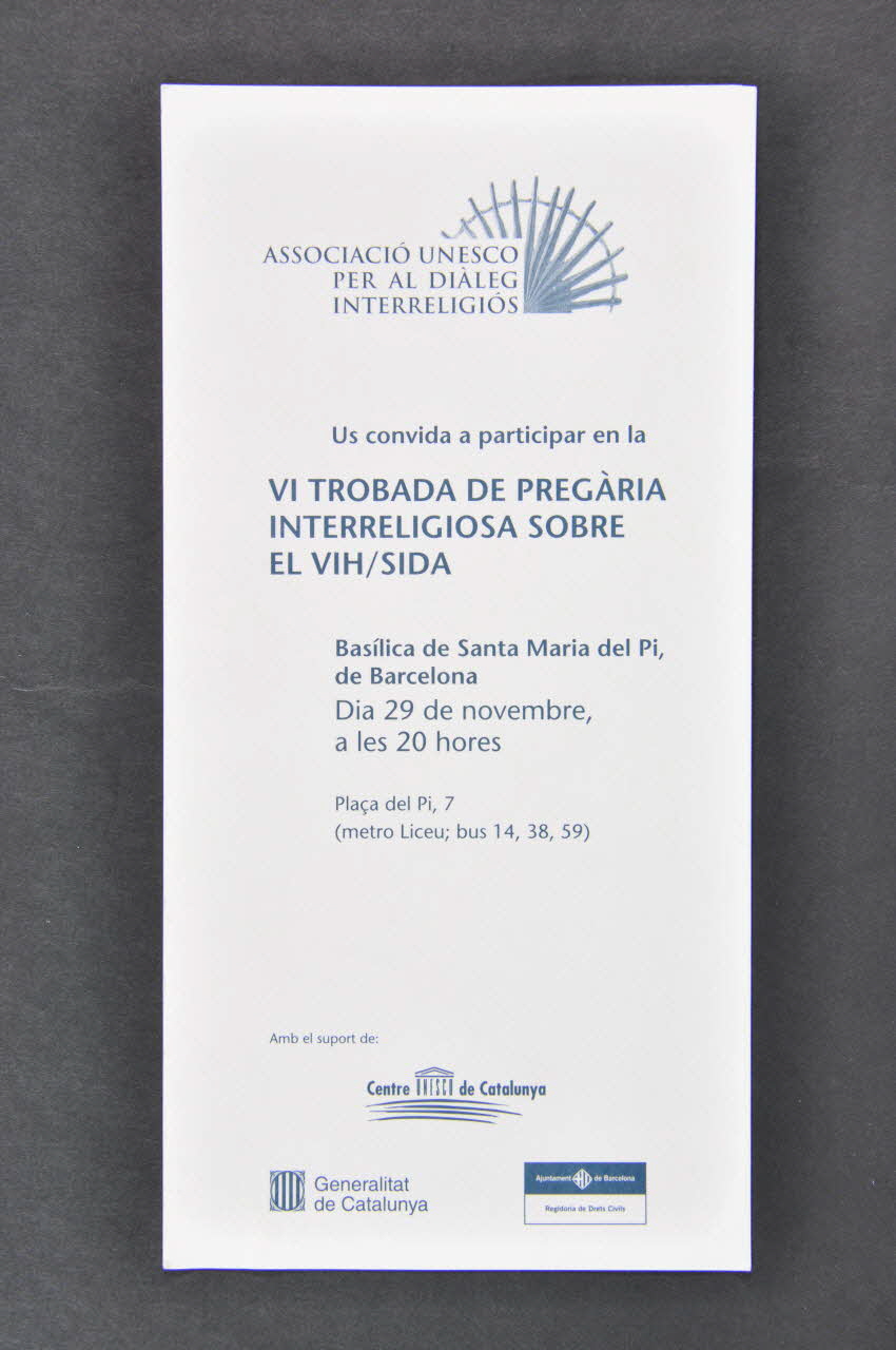 CARTON D'INVITATION "VI Trobada de pregaria interreligiosa sobre el VIH : Sida" 2003.93.46 Photo Mucem
