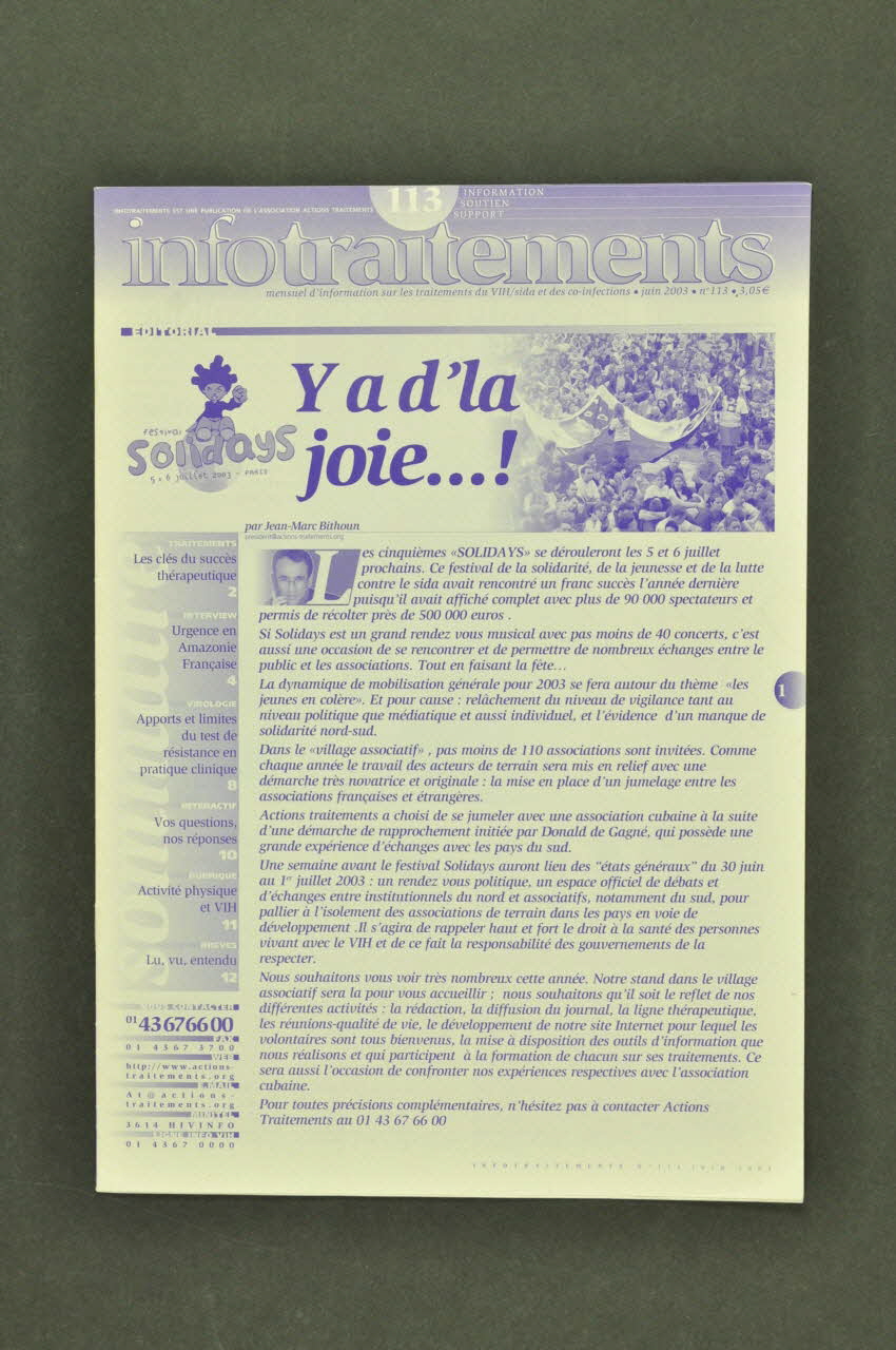 Actions Traitements Revue associative Infotraitements, juin 2003, n°113 : Solidays. Y a d'la joie...! France 2003/6 2003.94.131 Photo Mucem