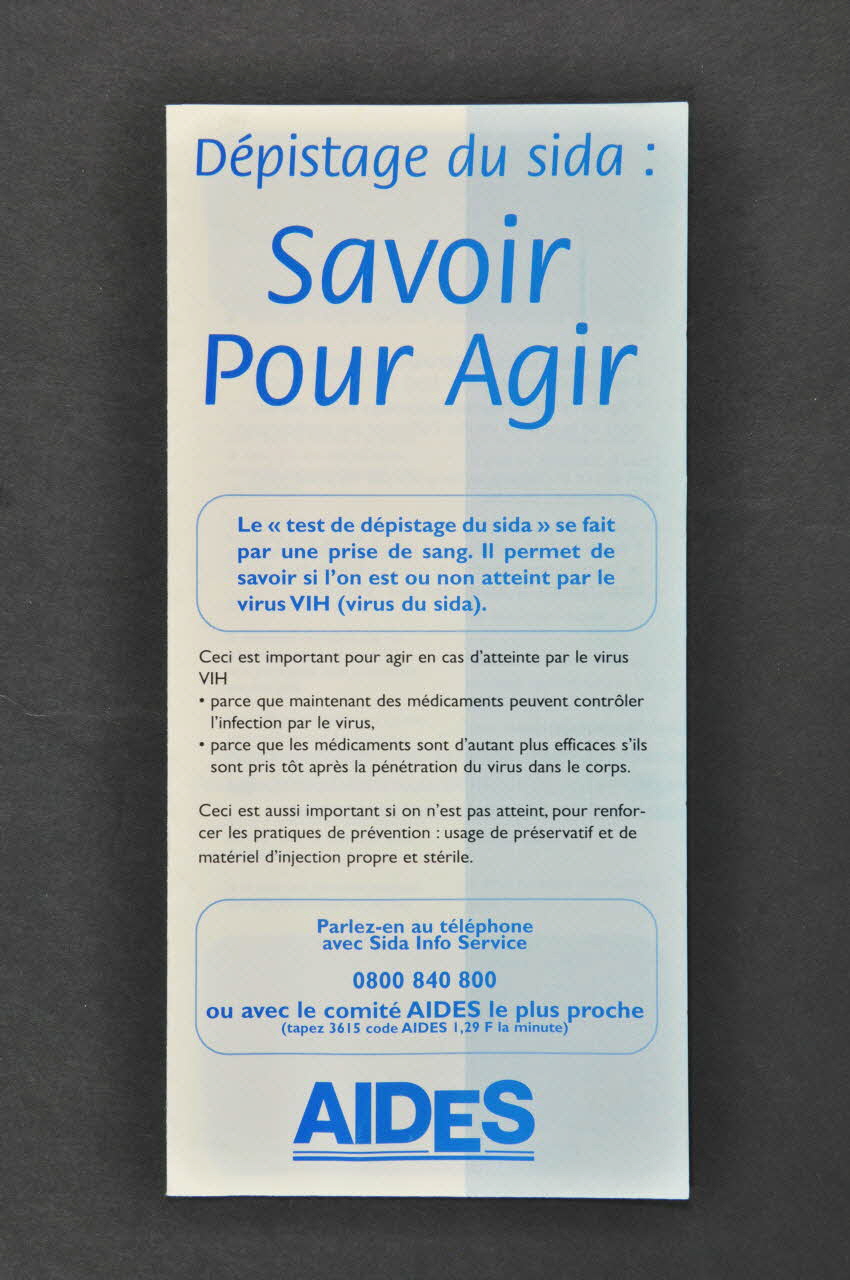 Aides, Antenne Seine Et Marne Dépliant "Dépistage du sida : Savoir pour agir" France 1998/4 2003.94.135 Photo Mucem