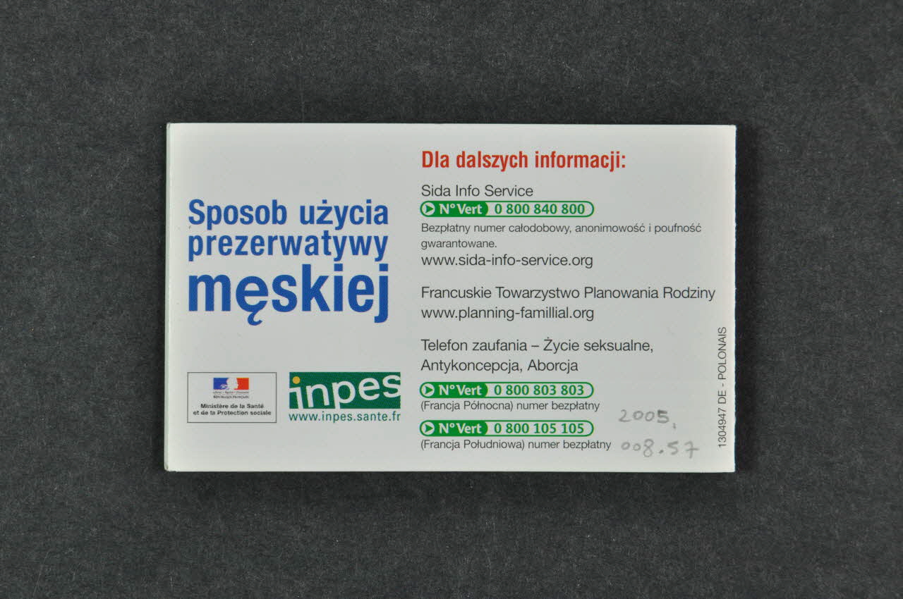 Dépliant "Sposob uzycia prezerwatywy" (Mode d'emploi du préservatif masculin) (en polonais) 2005.8.57 Photo Mucem