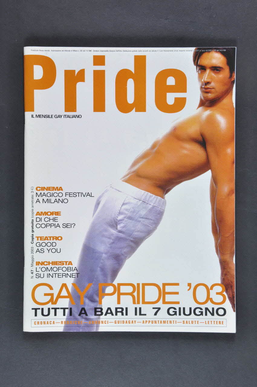 Pride revue "Pride" Il mensile gay italiano" (Pride Le mensuel gay italien), n° 47, mai 2003 Italie 2003/5 2003.94.172 Photo Mucem