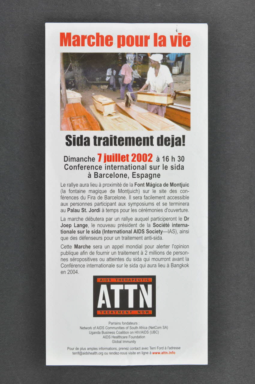 Aids Therapeutic Treatment Now (ATTN) tract "Marche pour la vie" Espagne 2002/7/7 2003.94.20 Photo Mucem