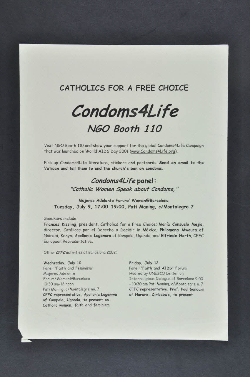 Catholics For A Free Choice (Cffc) tract "Condoms4Life" International 2002 2003.94.30 Photo Mucem
