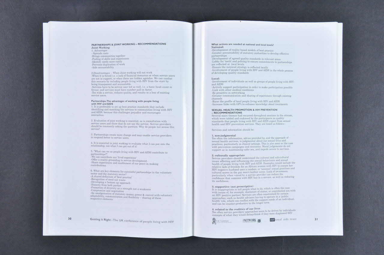 National Aids Trust - Network of Self Help HIV BROCHURE "Getting it right. The UK Conference of people living with HIV and AIDS, Conference Report" (Le rendre droit. La conférence des personnes vivant avec le VIH et le sida dans le Royaume Uni) Grande Bretagne 1999/11 2003.94.49 Photo Mucem