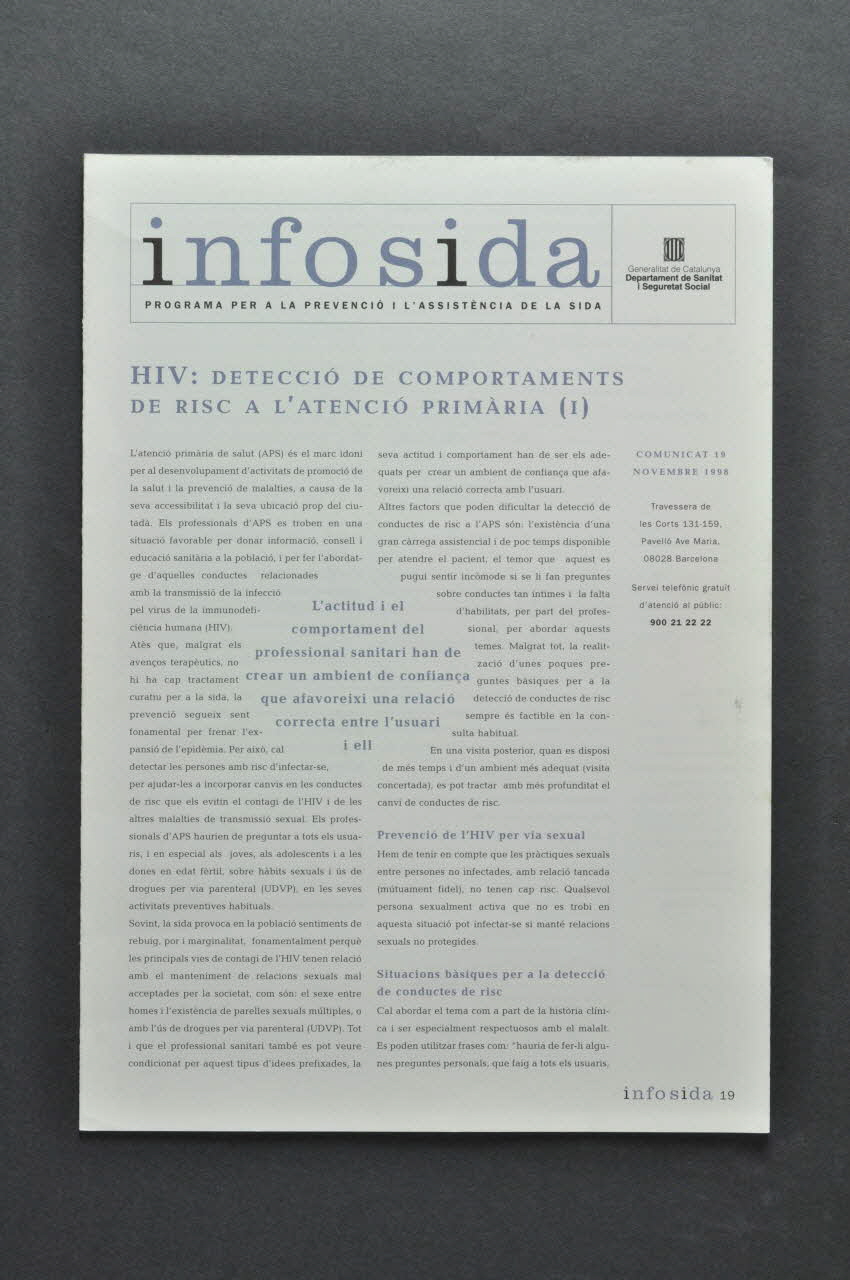 Generalitat De Catalunya Bulletin "HIV : deteccio de comportaments de risc a l'atencio primaria (1)"(Détection de comportements à risque au niveau de la prévention primaire) Espagne 1998/11 2004.49.16  Photo Mucem