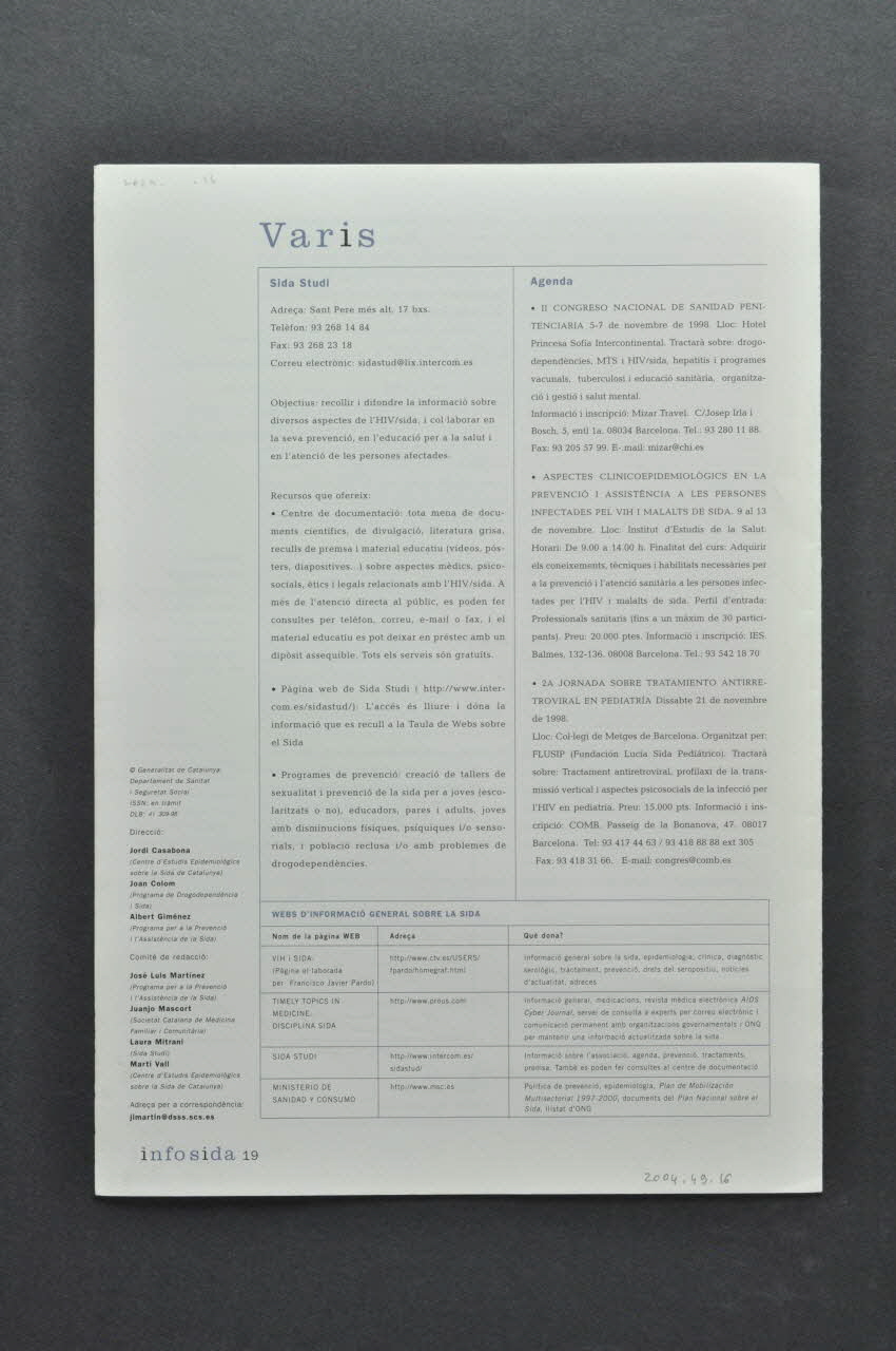 Generalitat De Catalunya Bulletin "HIV : deteccio de comportaments de risc a l'atencio primaria (1)"(Détection de comportements à risque au niveau de la prévention primaire) Espagne 1998/11 2004.49.16 Photo Mucem