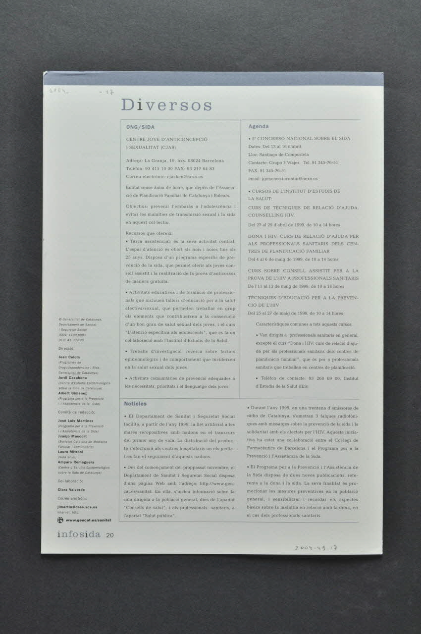 Generalitat De Catalunya Bulletin "Transmissio de l'HIV per via sexual : idees basiques per treballar en la modificacio dels comportaments de risc" (Transmission du sida par voie sexuelle. Idées de base pour travailler à la modification des comportements à risque) Espagne 1999/2 2004.49.17 Photo Mucem