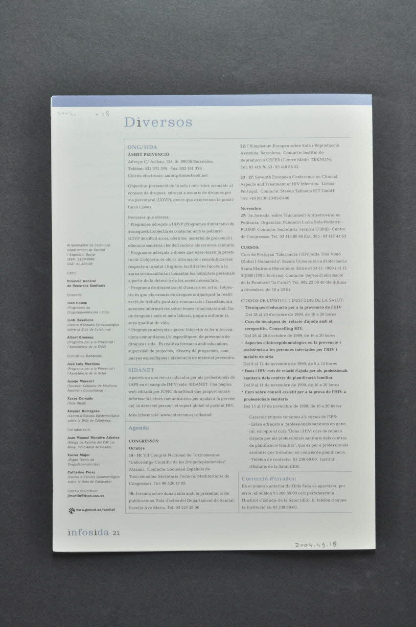 Generalitat De Catalunya Bulletin "HIV : deteccio de comportaments de risc a l'atencio primaria : poblacio consumidora de drogues" (VIH : détection de comportements risques en prévention primaire (II) Consommateurs de drogues) Espagne 1999 2004.49.18 Photo Mucem