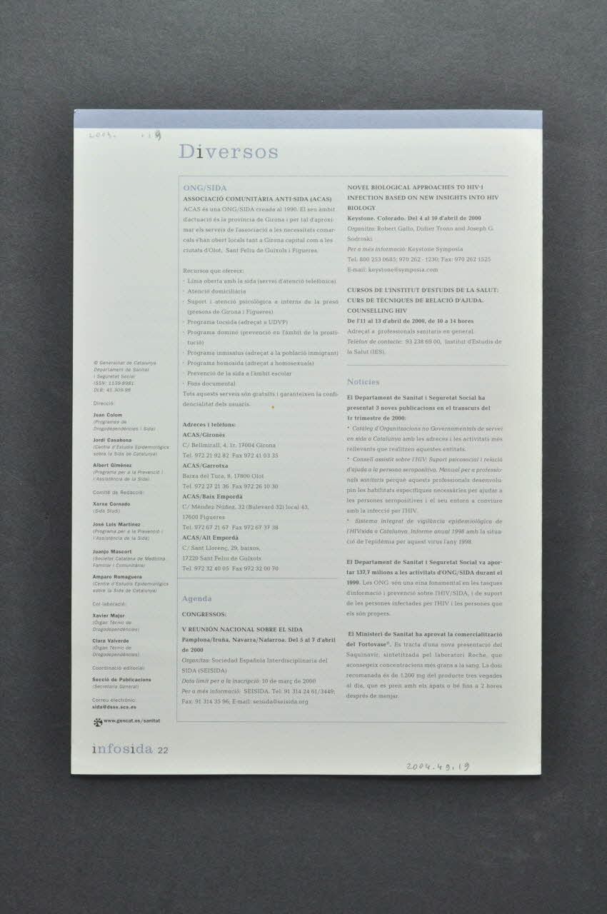Generalitat De Catalunya Bulletin "Transmissio de l'HIV en la poblacio drogodependent. Com treballar la modificacio de conductes de risc a l'atencio primaria" 'Transmission du VIH chez les utilisateurs de drogues. Comment travailler à la modification de conduites de risque en prévention primaire" Espagne 2000/2 2004.49.19 Photo Mucem