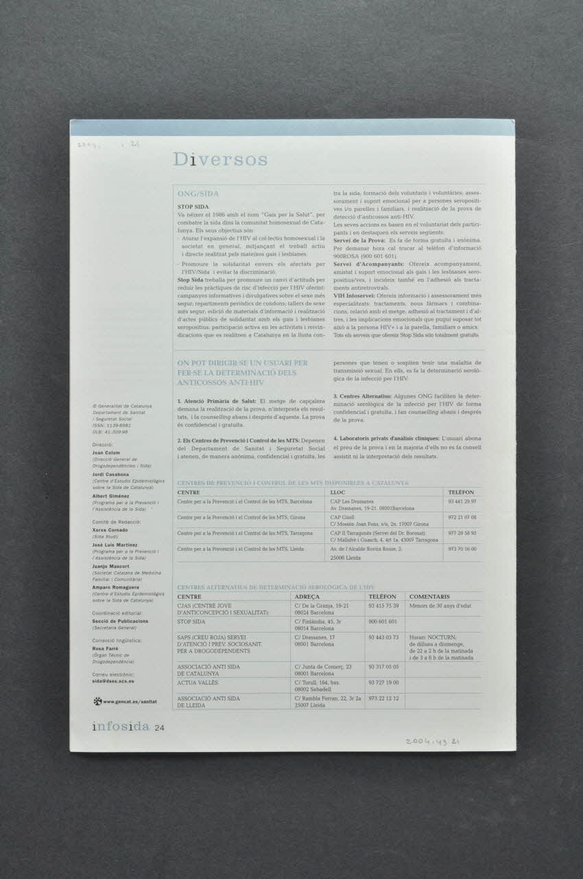 Generalitat De Catalunya Bulletin d'information "Diagnostic de laboratori de la infeccio per l'HIV" (Diagnostic de laboratoire de l'infection à VIH) Espagne 2001/5 2004.49.21 Photo Mucem