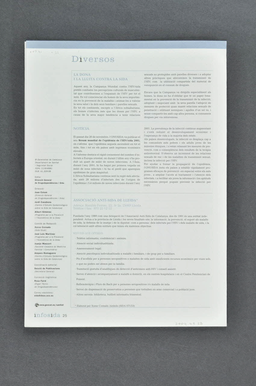 Generalitat De Catalunya Bulletin "La dona i la infeccio per l'HIV" (La femme et l'infection par le VIH) Espagne 2001/12 2004.49.22 Photo Mucem