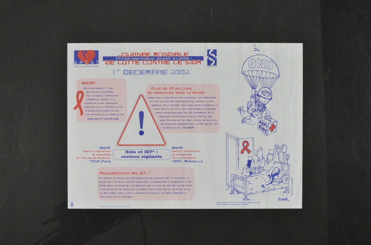 Association pour la Recherche, la Communication et les Actions pour l'Accès aux Traitements (ARCAT) set de table "Journée mondiale de lutte contre le sida. 1er décembre 2002 / Citoyens responsables. salariés solidaires / Sida et IST restons vigilants" France 2002 2005.97.13 Photo Mucem