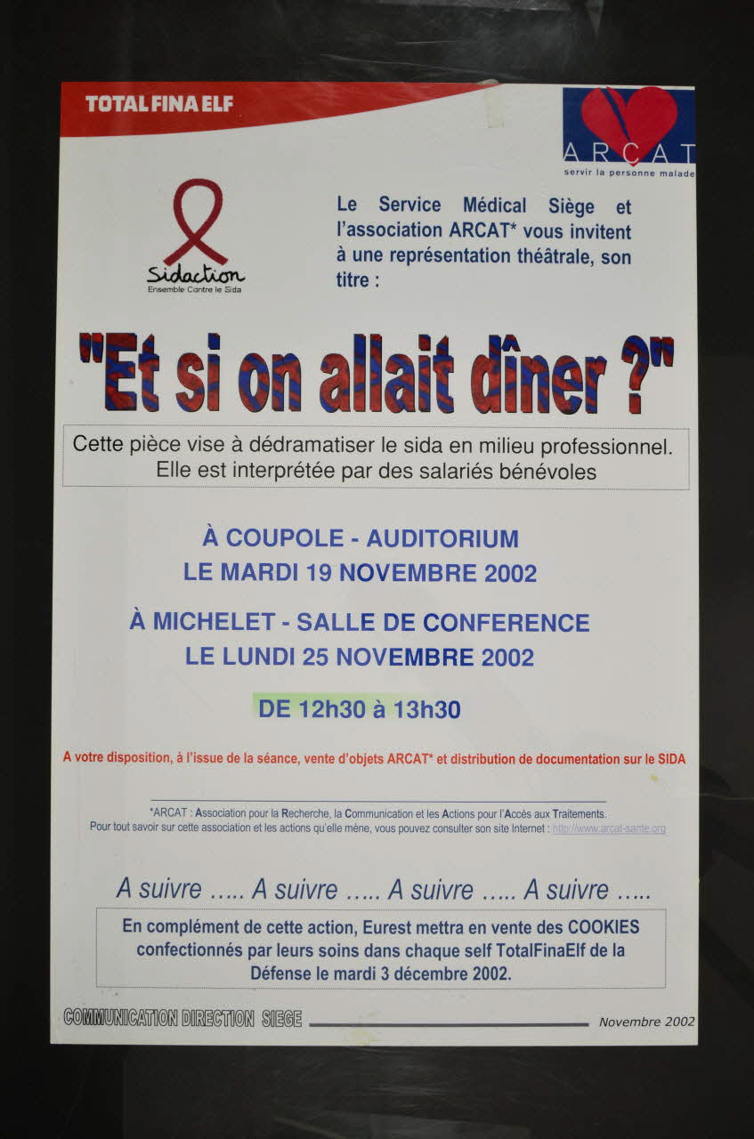 affiche "Le Service Médical Siège et l'association ARCAT vous invitent à une représentation théâtrale, son titre : "Et si on allait dîner?" France 2002/11 2005.97.3 Photo Mucem