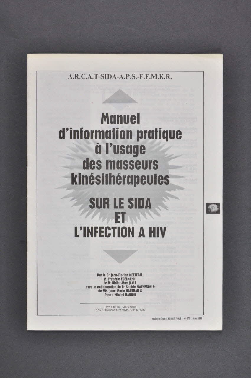 BROCHURE "Manuel d'information pratique à l'usage des masseurs kinésithérapeutes sur le sida et l'infection à HIV" France 1989 2005.97.38 Photo Mucem