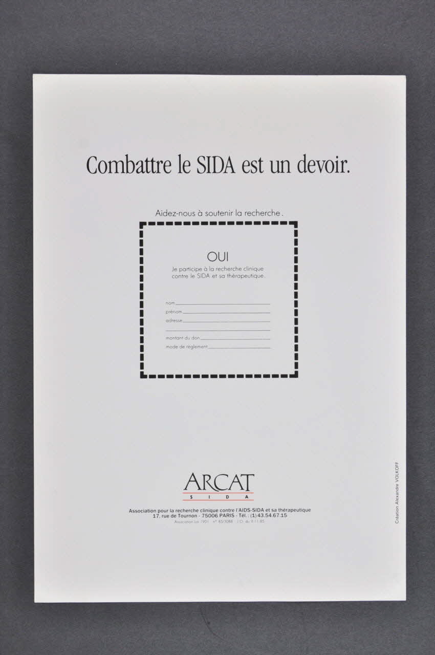 Bulletin de souscription "Combattre le sida est un devoir. Aidez-nous à soutenir la recherche" 2005.97.39 Photo Mucem
