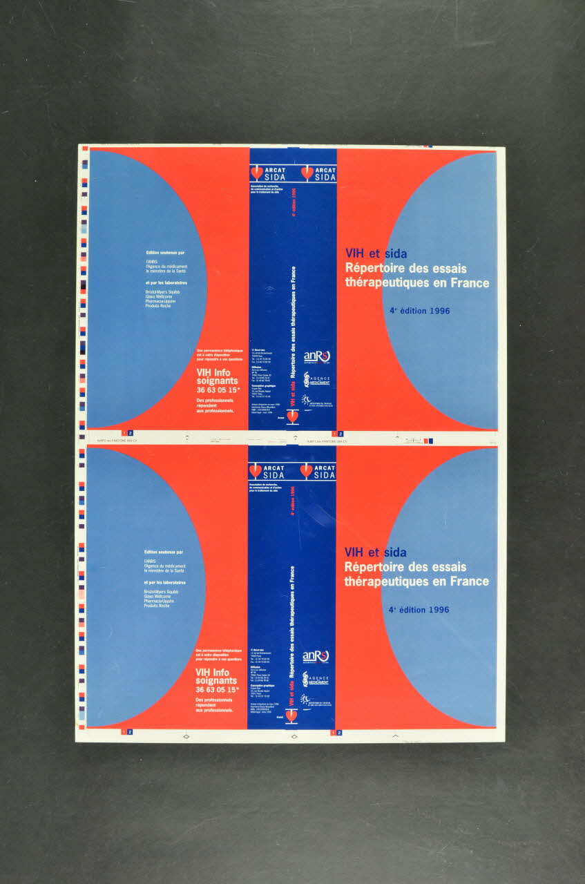 Association pour la Recherche, la Communication et les Actions pour l'Accès aux Traitements (ARCAT) Maquette de la couverture de la brochure "VIH et sida. Répertoire des essais thérapeutiques en France. 4° édition 1996" France 1996 2005.97.4 Photo Mucem