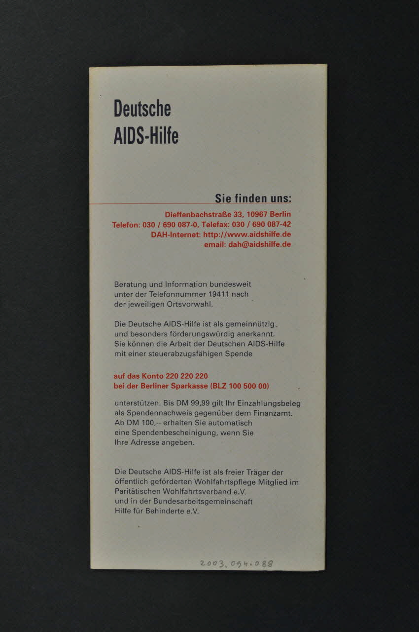 Deutsche Aids-Hilfe Dépliant "DAH / Ein Verband stellt sich vor" Allemagne 2003 2003.94.88 Photo Mucem