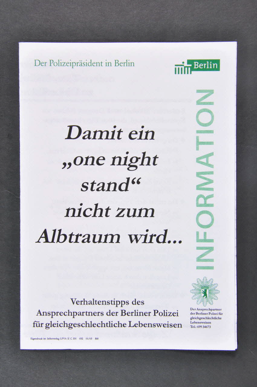 Berliner Polzei Dépliant "Damit ein "one night stand" nicht zum Allemagne 2003 2003.94.91 Photo Mucem