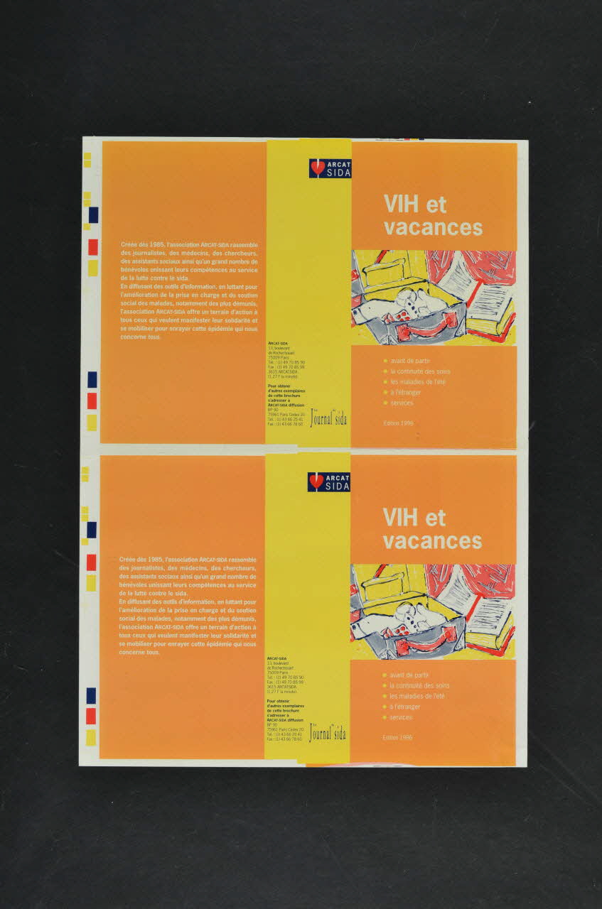 Association pour la Recherche, la Communication et les Actions pour l'Accès aux Traitements (ARCAT) Maquette de la couverture de la brochure "VIH et vacances" France 1996 2005.97.5 Photo Mucem
