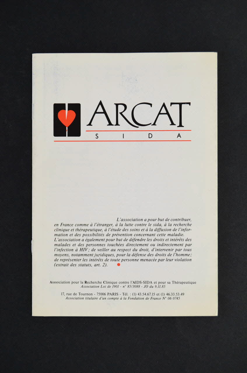 Association pour la Recherche, la Communication et les Actions pour l'Accès aux Traitements (ARCAT) BROCHURE Arcat Sida France 1989 2005.97.57 Photo Mucem
