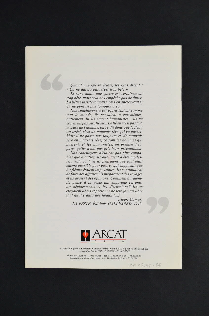 Association pour la Recherche, la Communication et les Actions pour l'Accès aux Traitements (ARCAT) BROCHURE Arcat Sida France 1989 2005.97.57 Photo Mucem