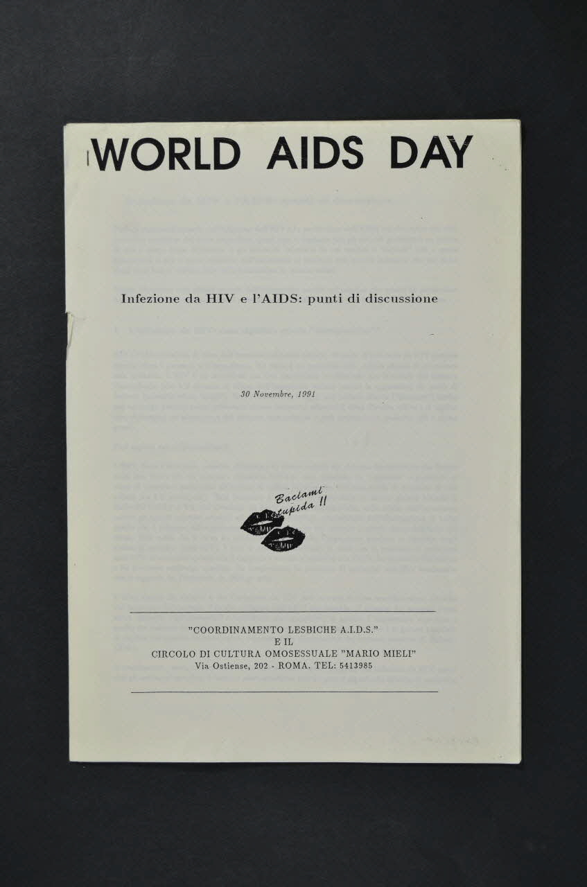 Circolo Mario Mieli E Coordinamento Lesbiche Aids BROCHURE "World AIDS Day. Infezione da HIV e l'AIDS : punti di discussione" (Journée mondiale du sida. Infection par le VIH et sida. points de discussion) Italie 1991/11/30 2003.95.13 Photo Mucem