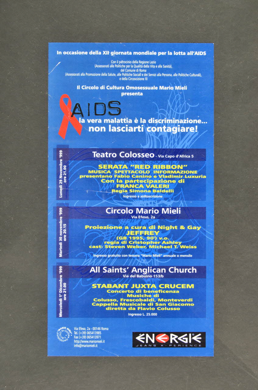 Circolo di Cultura Omosessuale Mario Mieli affichette "XII Giornata Mondiale per la lotta all'AIDS" Italie 1999 2003.95.2 Photo Mucem