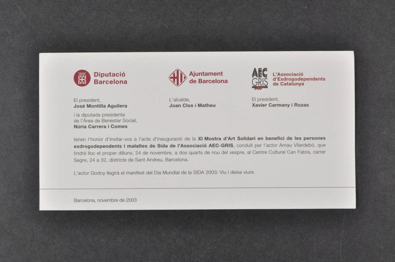 Association Aec Gris CARTON D'INVITATION "11 art solidari contra la sida" Espagne 2003 2004.50.5 Photo Mucem