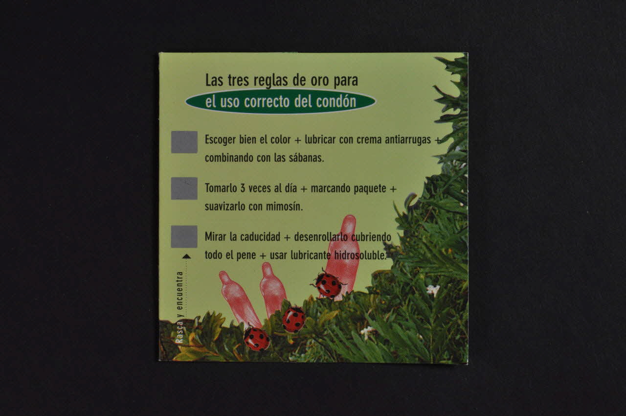 Stop Sida Dépliant "Las tres reglas de oro para el uso correcto del condom" (Les trois règles d'or pour l'usage correct du préservatif) Espagne 1998 2004.51.13 Photo Mucem