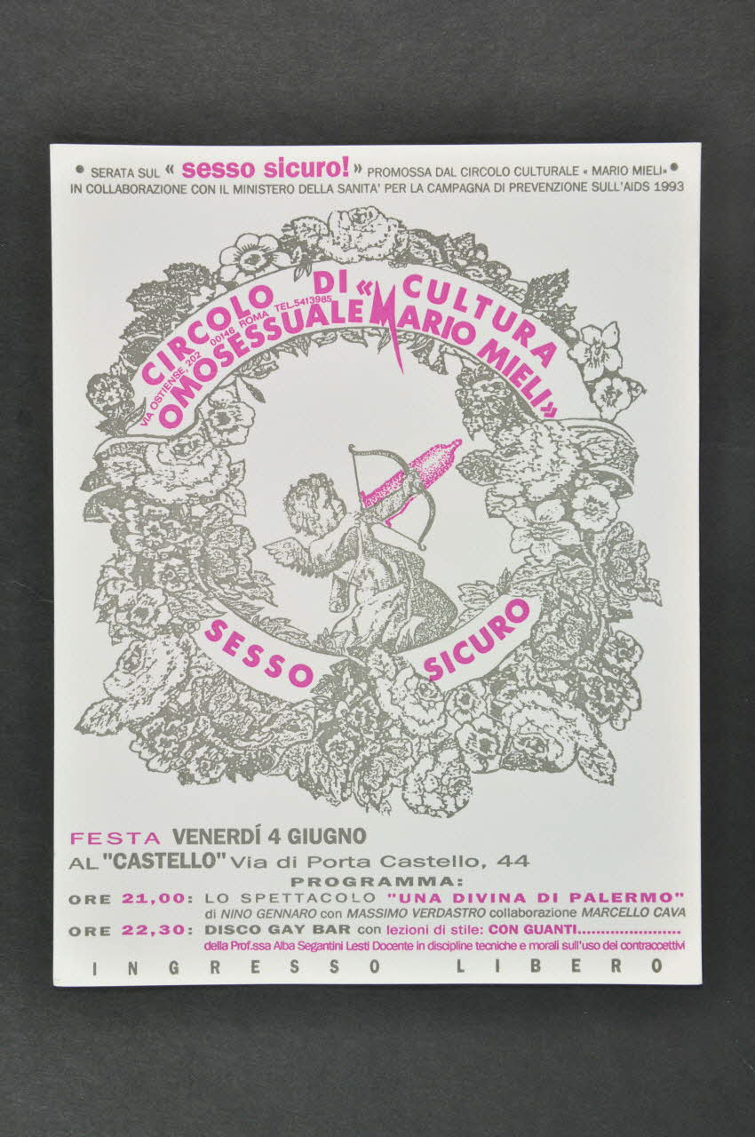Circolo di Cultura Omosessuale Mario Mieli CARTON D'INVITATION "Serata sul sesso sicuro" Italie 1993/6/4 2003.95.4 Photo Mucem