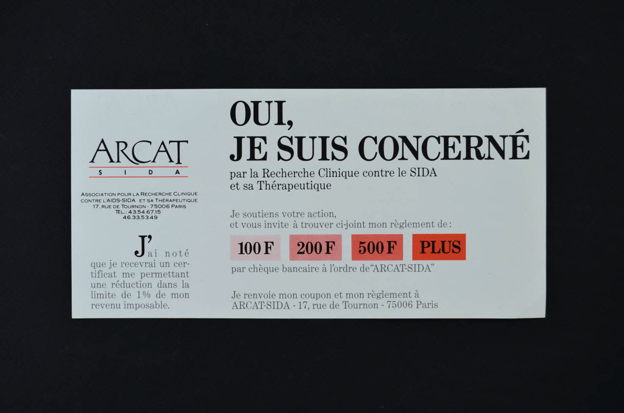 Bulletin de souscription "Oui, je suis concerné par la recherche clinique contre le sida et sa thérapeutique" 2005.97.84 Photo Mucem