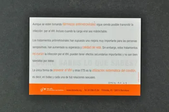 GL / Stop Sida flyer "Los gays estan dejando de utilizar el condon para prevenir el VIH/Sida" (Les gays arrêtent d'utiliser le préservatif pour prévenir le VIH/Sida) Espagne 2004/6 2004.51.3 Photo Mucem