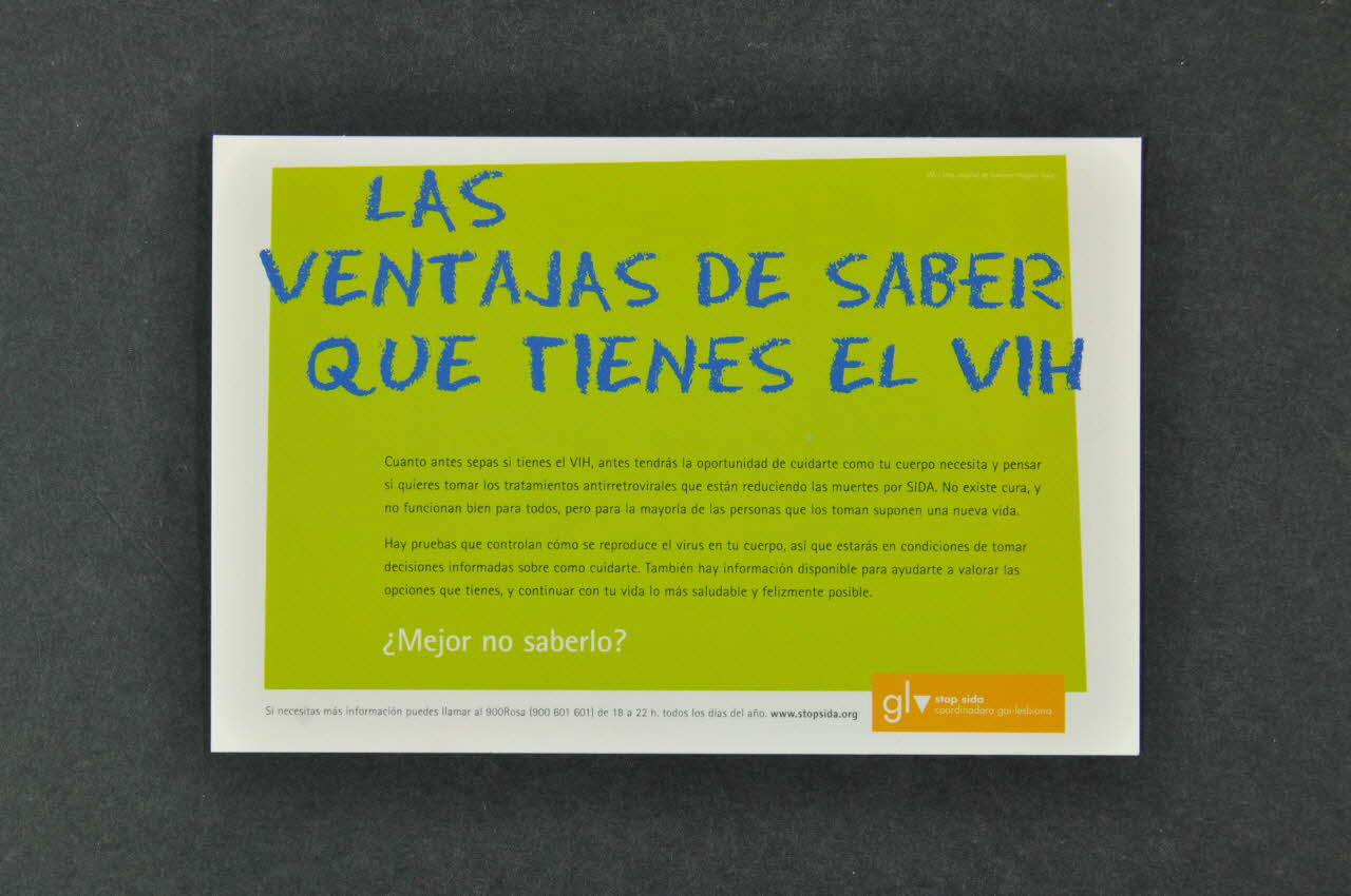 Stop Sida carte postale " Las ventajas de saber que tienes el VIH" (Les avantages de savoir que tu es séropositif) Espagne 2001 2004.51.34 Photo Mucem