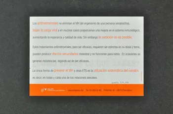 Stop Sida flyer "Tomando farmacos antirretrovirales es mas dificil transmitir el VIH sida" (Prendre des médicaments antirétroviraux rend plus difficile la transmission du sida) Espagne 2004/6 2004.51.4 Photo Mucem