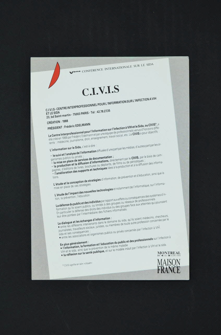 Association pour la Recherche, la Communication et les Actions pour l'Accès aux Traitements (ARCAT) Fiche d'information "CIVIS" Centre interprofessionnel pour l'information sur l'infection à VIH et le sida" France 1989 2005.97.97 Photo Mucem