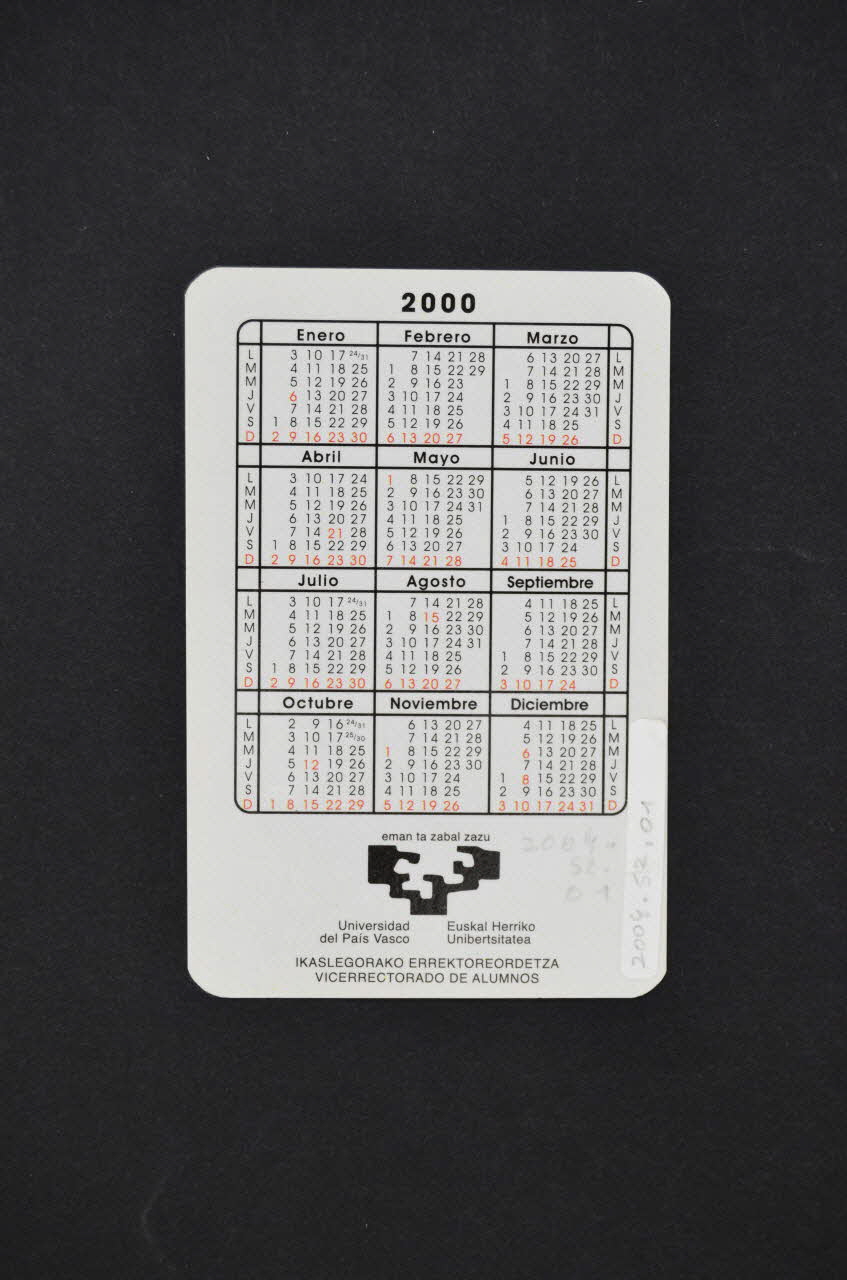 Servicio Universitario De Orientacion Psicosexual Carte calendrier telefono de informacion sexual Espagne 2000 2004.52.1 Photo Mucem